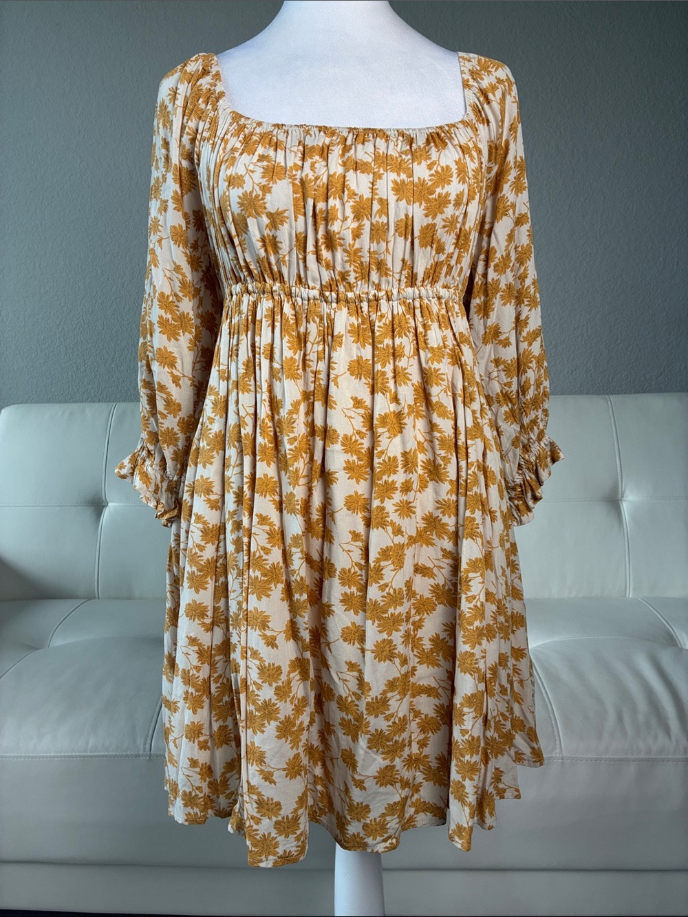 Square-Neck Mini Dress in Cream with Mustard Floral Print by Baevely
